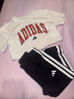 adidas Kids Tee & Joggers Set - White Top with Red Logo, Black Pants